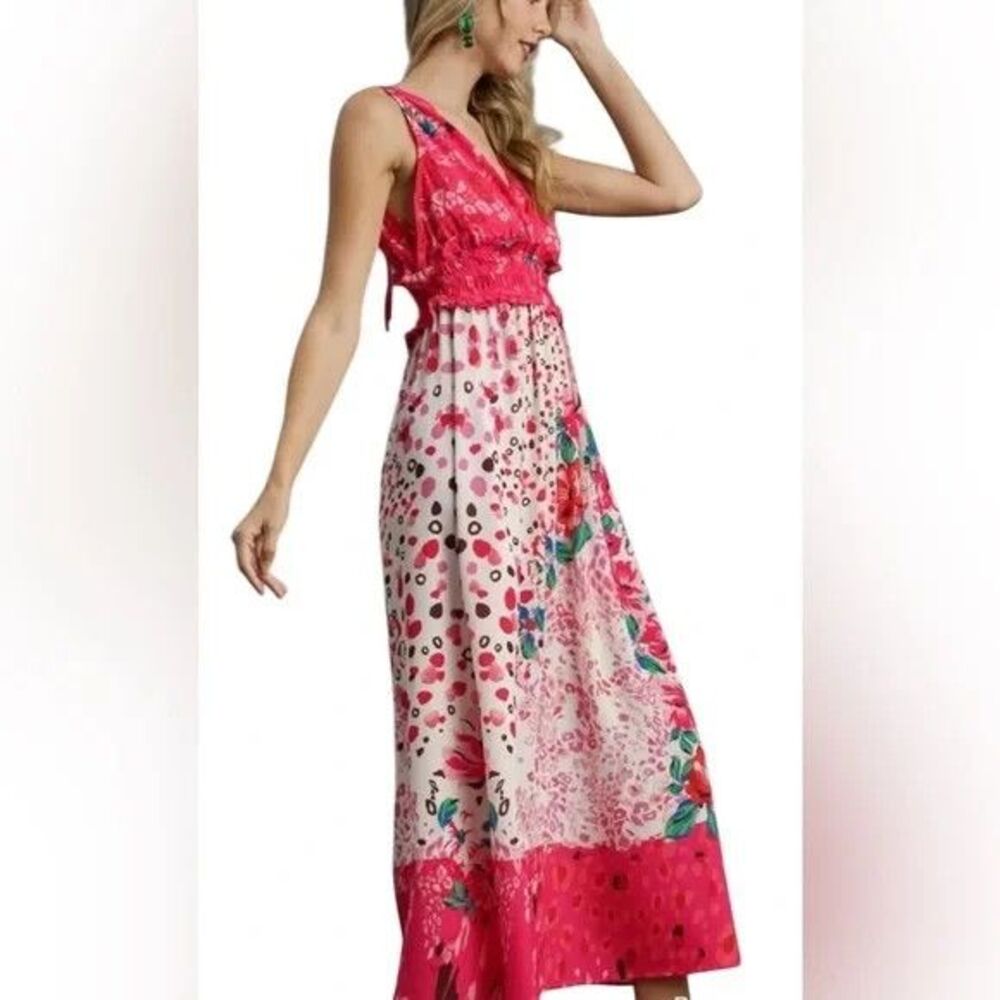 Umgee Small dress maxi long pink v-neck drawstring tie ruffle pleated patchwork